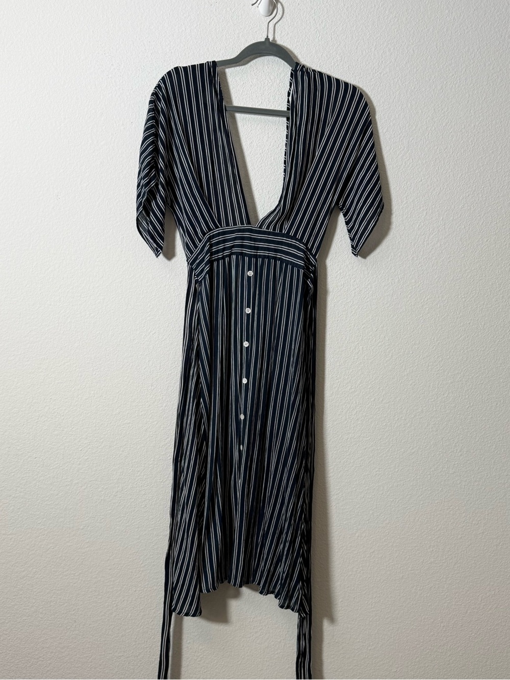 Faithfull The Brand Navy White Stripe Plunge Midi Dress Open Back Rayon Size S